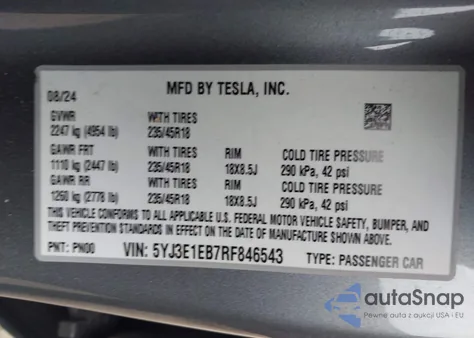 2024 Tesla Model 3 Long Range Dual Motor All-Wheel Drive z USA, uszkodzony, nr VIN 5YJ3E1EB7RF846543